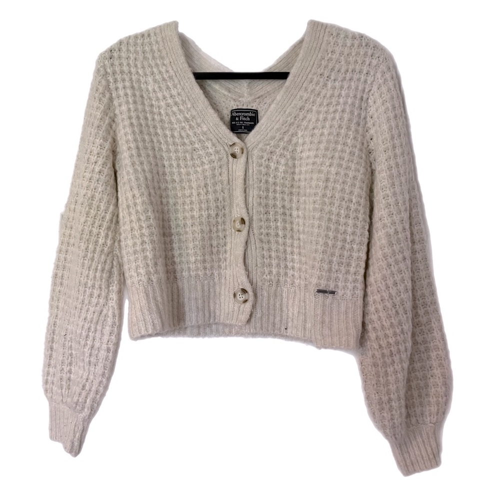 ABERCROMBIE V-Neck Waffle Knit Cropped Cardigan in Cream S